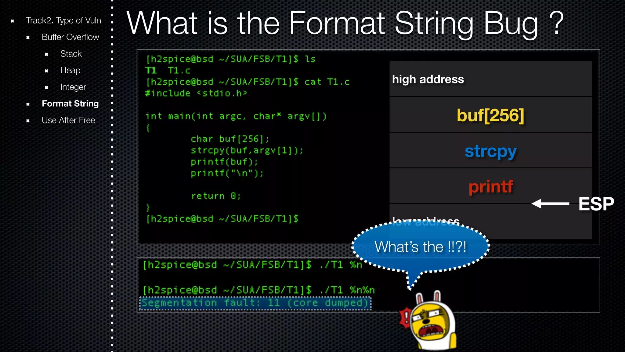 Track2. Type of Vuln What is the Format String Bug ? Buffer Overflow Stack Heap Integer Format String Use After Free high address buf[256] strcpy printf low address ESP What’s the !!?! 