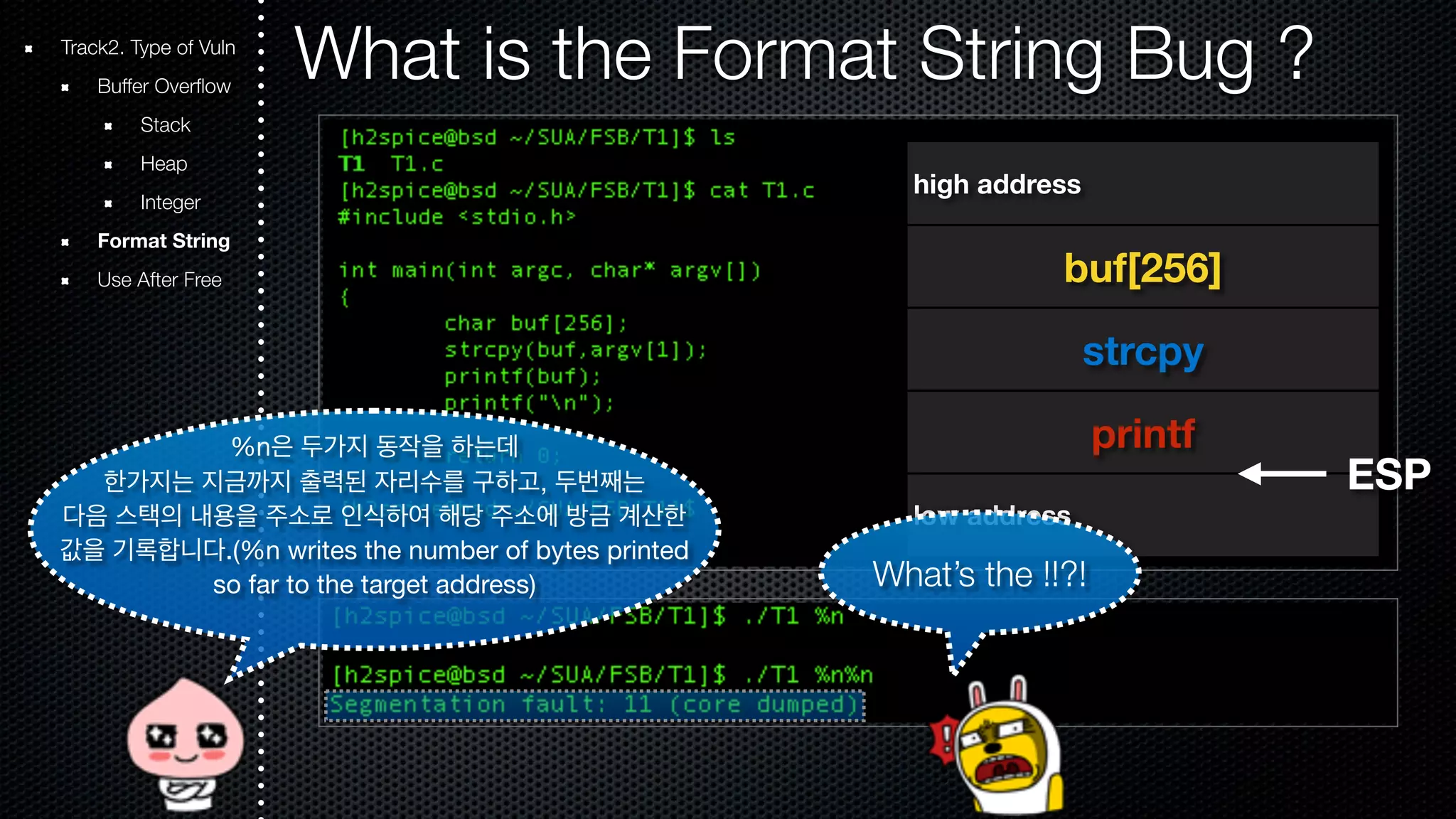 Track2. Type of Vuln What is the Format String Bug ? Buffer Overflow Stack Heap Integer Format String Use After Free high address buf[256] strcpy printf low address ESP What’s the !!?! %n은 두가지 동작을 하는데 한가지는 지금까지 출력된 자리수를 구하고, 두번째는 다음 스택의 내용을 주소로 인식하여 해당 주소에 방금 계산한 값을 기록합니다.(%n writes the number of bytes printed so far to the target address) 
