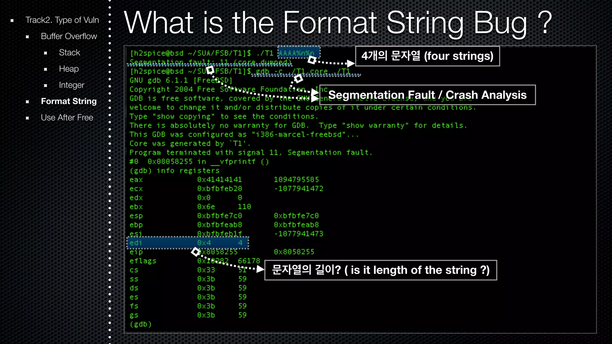 Track2. Type of Vuln What is the Format String Bug ? Buffer Overflow Stack Heap Integer Format String Use After Free 4개의 문자열 (four strings) Segmentation Fault / Crash Analysis 문자열의 길이? ( is it length of the string ?) 
