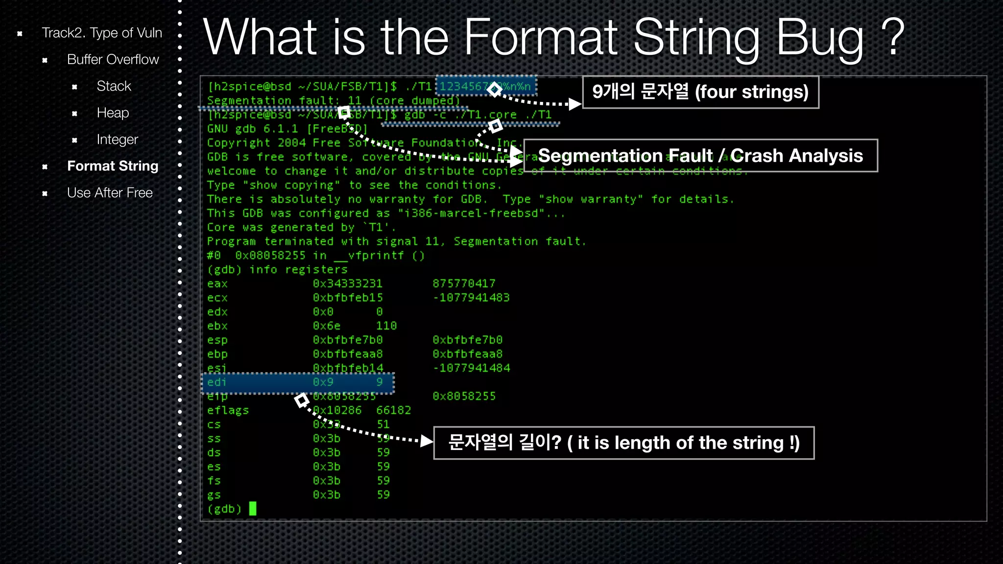 Track2. Type of Vuln What is the Format String Bug ? Buffer Overflow Stack Heap Integer Format String Use After Free 9개의 문자열 (four strings) Segmentation Fault / Crash Analysis 문자열의 길이? ( it is length of the string !) 