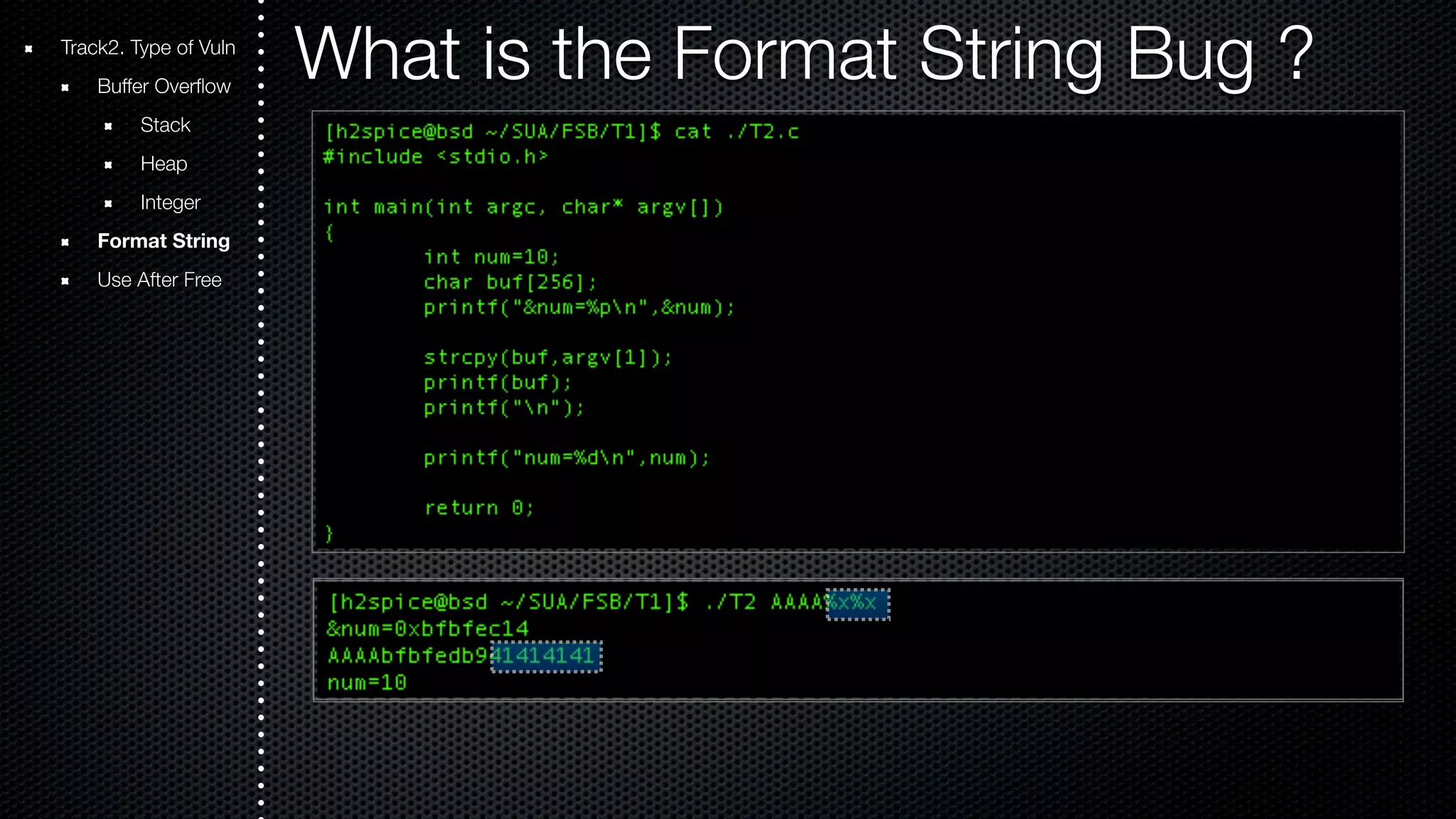 Track2. Type of Vuln What is the Format String Bug ? Buffer Overflow Stack Heap Integer Format String Use After Free 