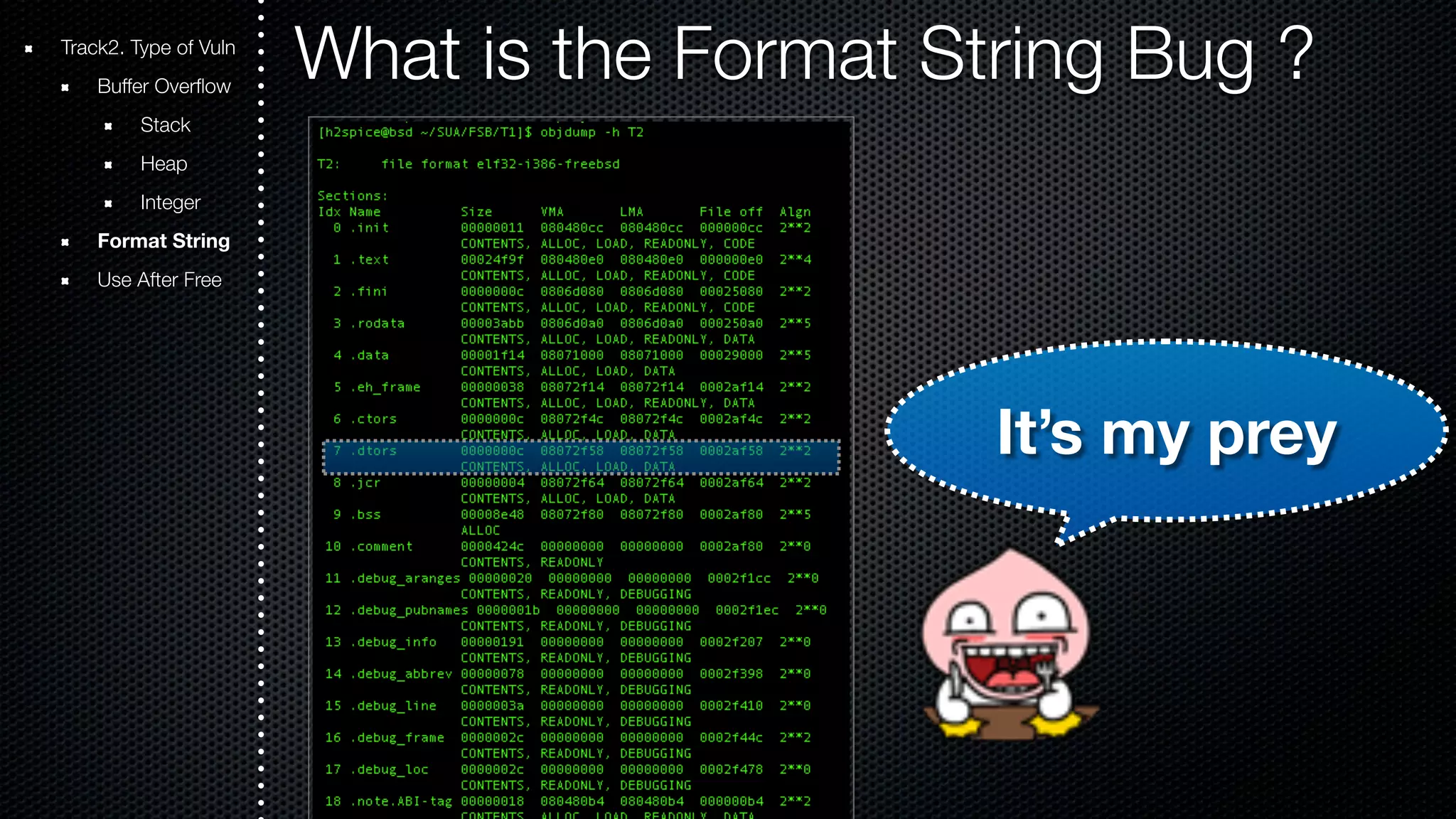 Track2. Type of Vuln What is the Format String Bug ? Buffer Overflow Stack Heap Integer Format String Use After Free It’s my prey 