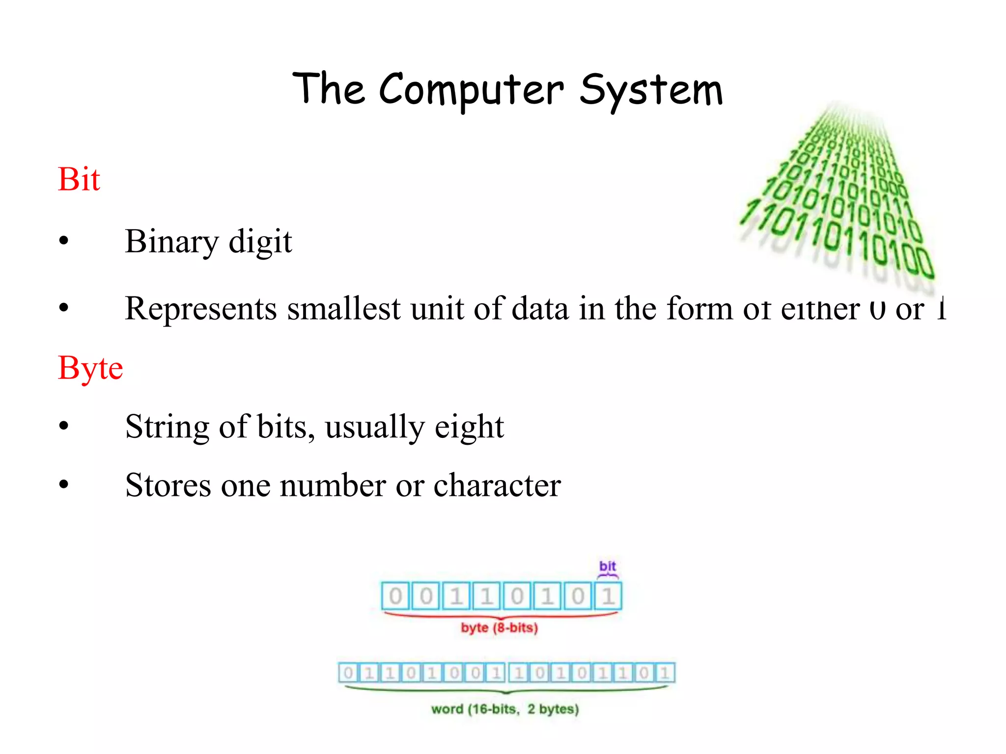 Bit
• Binary digit
• Represents smallest unit of data in the form of either 0 or 1
Byte
• String of bits, usually eight
• Stores one number or character
The Computer System
 