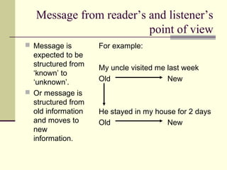 Message from reader’s and listener’s
point of view
 Message is
expected to be
structured from
‘known’ to
‘unknown’.
 Or message is
structured from
old information
and moves to
new
information.
For example:
My uncle visited me last week
Old New
He stayed in my house for 2 days
Old New
 