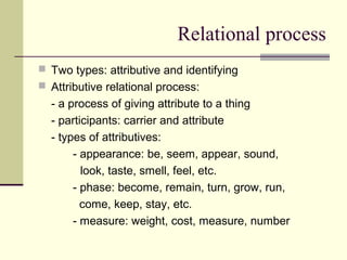 Relational process
 Two types: attributive and identifying
 Attributive relational process:
- a process of giving attribute to a thing
- participants: carrier and attribute
- types of attributives:
- appearance: be, seem, appear, sound,
look, taste, smell, feel, etc.
- phase: become, remain, turn, grow, run,
come, keep, stay, etc.
- measure: weight, cost, measure, number
 