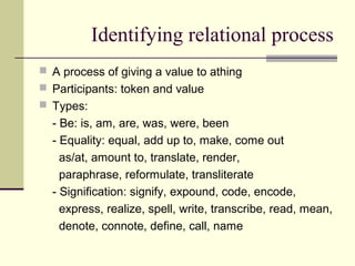 Identifying relational process
 A process of giving a value to athing
 Participants: token and value
 Types:
- Be: is, am, are, was, were, been
- Equality: equal, add up to, make, come out
as/at, amount to, translate, render,
paraphrase, reformulate, transliterate
- Signification: signify, expound, code, encode,
express, realize, spell, write, transcribe, read, mean,
denote, connote, define, call, name
 