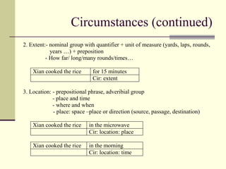 Circumstances (continued)
2. Extent:- nominal group with quantifier + unit of measure (yards, laps, rounds,
years …) + preposition
- How far/ long/many rounds/times…
Xian cooked the rice for 15 minutes
Cir: extent
3. Location: - prepositional phrase, adveribial group
- place and time
- where and when
- place: space –place or direction (source, passage, destination)
Xian cooked the rice in the microwave
Cir: location: place
Xian cooked the rice in the morning
Cir: location: time
 