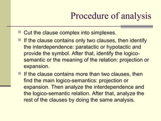 Procedure of analysis
 Cut the clause complex into simplexes.
 If the clause contains only two clauses, then identify
the interdependence: paratactic or hypotactic and
provide the symbol. After that, identify the logico-
semantic or the meaning of the relation: projection or
expansion.
 If the clause contains more than two clauses, then
find the main logico-semantics: projection or
expansion. Then analyze the interdependence and
the logico-semantic relation. After that, analyze the
rest of the clauses by doing the same analysis.
 