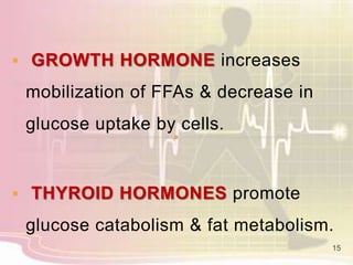  GROWTH HORMONE increases
mobilization of FFAs & decrease in
glucose uptake by cells.
 THYROID HORMONES promote
glucose catabolism & fat metabolism.
15
 