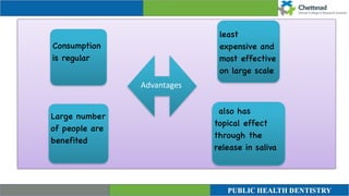 Large number
of people are
benefite
d

Consumption
is regula
r

also has
topical effect
through the
release in saliva
least
expensive and
most effective
on large scale
Advantages
 