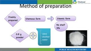 Method of preparation
10ml
distilled
water
Freshly
prepared
0.8 g
powder
Stannous form Stannic form
No shelf
life
 
