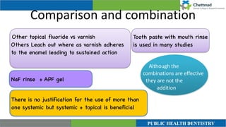 Comparison and combination
Other topical fluoride vs varnish
 

Others Leach out where as varnish adheres
to the enamel leading to sustained action
 

Tooth paste with mouth rinse
is used in many studies
NaF rinse + APF gel
Although the
combinations are effective
they are not the
addition
There is no justification for the use of more than
one systemic but systemic + topical is beneficial
 