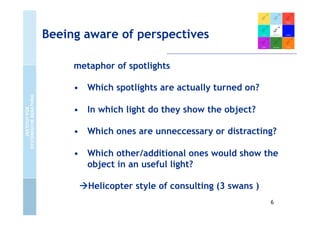 Beeing aware of perspectives

     metaphor of spotlights

     •  Which spotlights are actually turned on?

     •  In which light do they show the object?

     •  Which ones are unneccessary or distracting?

     •  Which other/additional ones would show the
        object in an useful light?

      Helicopter style of consulting (3 swans )
                                                   6
 
