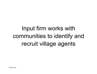 Input firm works with
communities to identify and
recruit village agents

Relationships	
  

 