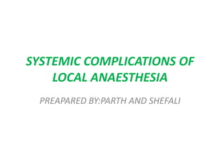 SYSTEMIC COMPLICATIONS OF
LOCAL ANAESTHESIA
PREAPARED BY:PARTH AND SHEFALI
 