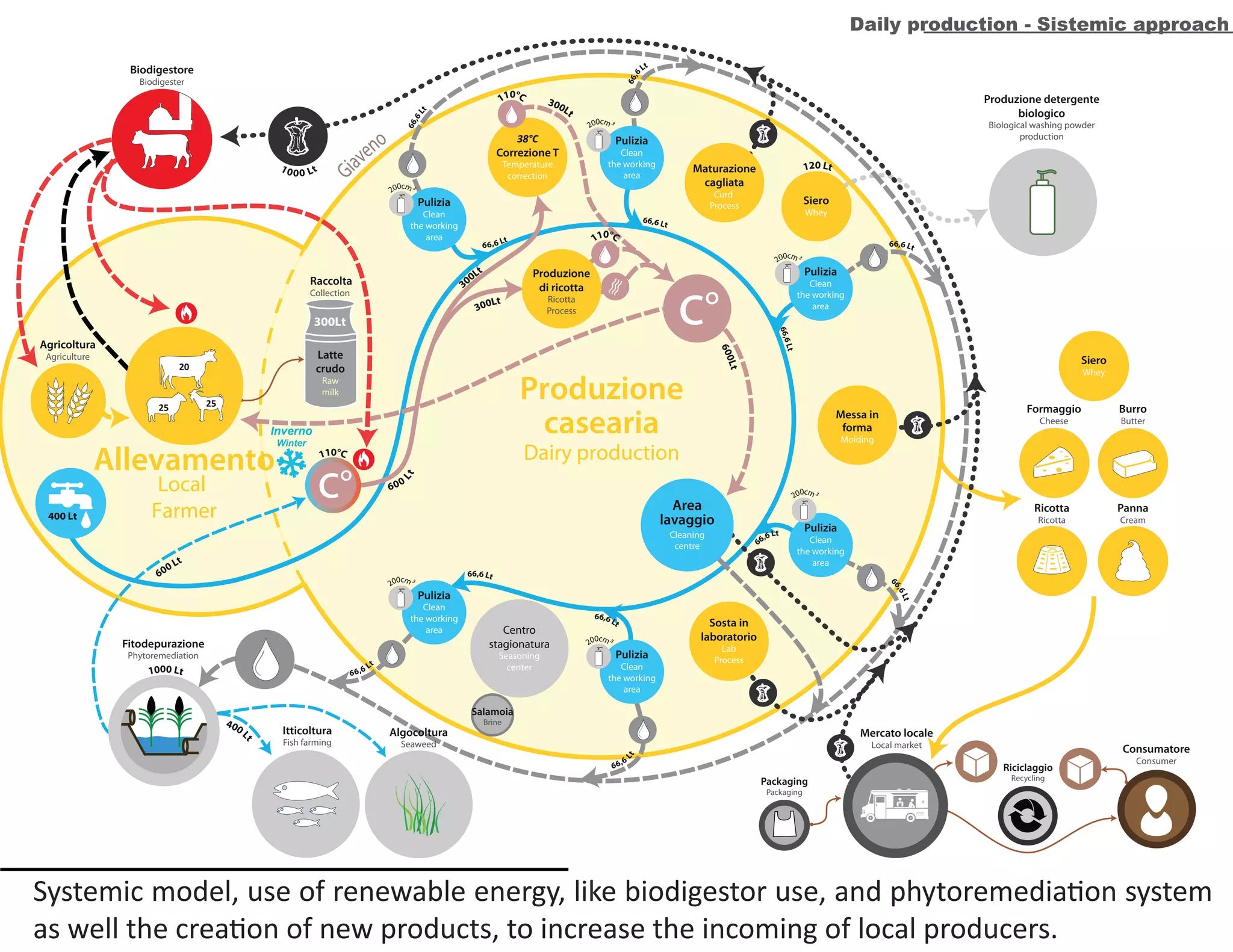 Daily production - Sistemic approach
Systemic model, use of renewable energy, like biodigester use, and phytoremediation system
as well as the creation of new products, to increase the incoming of local producers.
Gi
aveno
600 Lt
400L
t
Allevamento
Local
Farmer
66,6 Lt
Centro
stagionatura
Seasoning
center
c°
Maturazione
cagliata
Curd
Process
38°C
Correzione T
Temperature
correction
Messa in
forma
Molding
Sosta in
laboratorio
Lab
Process
Produzione
di ricotta
Ricotta
Process
c°
Produzione
casearia
Dairy production
300Lt
Pulizia
Clean
the working
area
Pulizia
Clean
the working
area
Raccolta
Collection
Agricoltura
Agriculture
Inverno
Winter
Pulizia
Clean
the working
area
Pulizia
Clean
the working
area
Pulizia
Clean
the working
area
Pulizia
Clean
the working
area
Algocoltura
Seaweed
Biodigestore
Biodigester
Fitodepurazione
Phytoremediation
Mercato locale
Local market
Burro
Butter
Panna
Cream
Consumatore
Consumer
Packaging
Packaging
Riciclaggio
Recycling
Itticoltura
Fish farming
Latte
crudo
Raw
milk
Area
lavaggio
Cleaning
centre
Siero
Whey
Siero
Whey
Formaggio
Cheese
Ricotta
Ricotta
20
25 25
66,6 Lt
66,6 Lt
66,6Lt
400 Lt
300Lt
110°C
200cm³
200cm³
200cm³
200cm³
200cm³
200cm³
110°C
110°C
300Lt
300Lt
600Lt
600
Lt
66,6 Lt
66,6 Lt
66,6 Lt
66,6
Lt
66,6 Lt
6
6,6Lt
66,6
Lt
66,6Lt
1000 Lt
1000 Lt
120 Lt
Produzione detergente
biologico
Biological washing powder
production
Salamoia
Brine
New Products
 