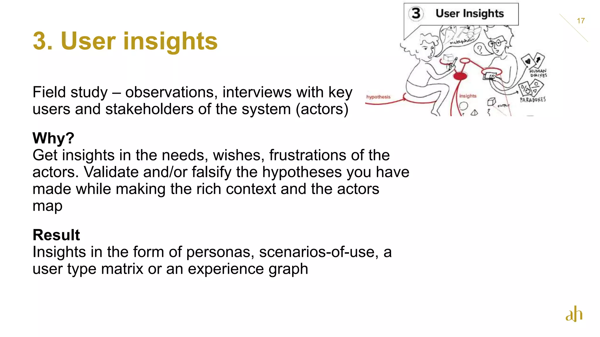 3. User insights
17
Field study – observations, interviews with key
users and stakeholders of the system (actors)
Why?
Get insights in the needs, wishes, frustrations of the
actors. Validate and/or falsify the hypotheses you have
made while making the rich context and the actors
map
Result
Insights in the form of personas, scenarios-of-use, a
user type matrix or an experience graph
 