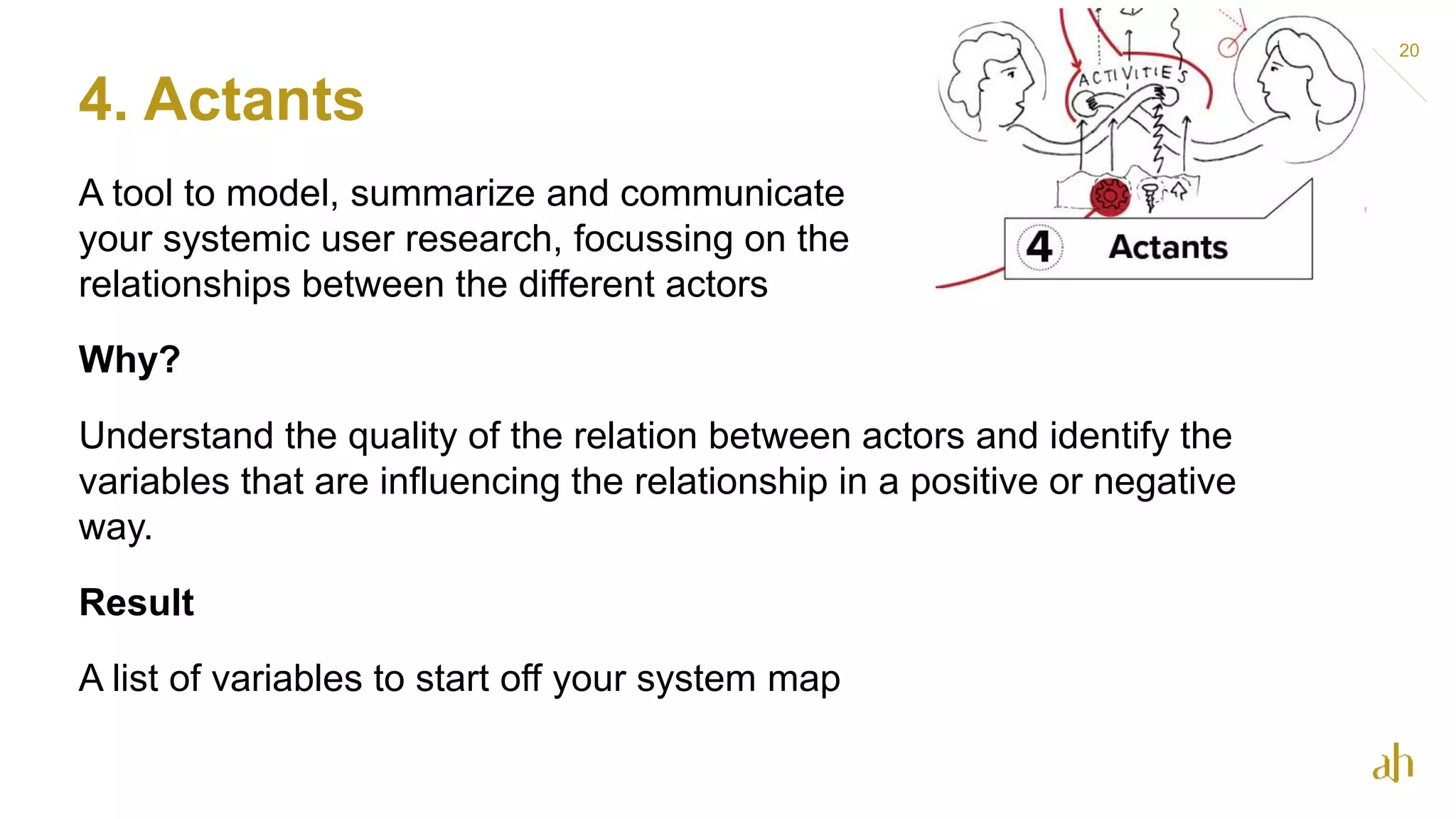 4. Actants
20
A tool to model, summarize and communicate
your systemic user research, focussing on the
relationships between the different actors
Why?
Understand the quality of the relation between actors and identify the
variables that are influencing the relationship in a positive or negative
way.
Result
A list of variables to start off your system map
 