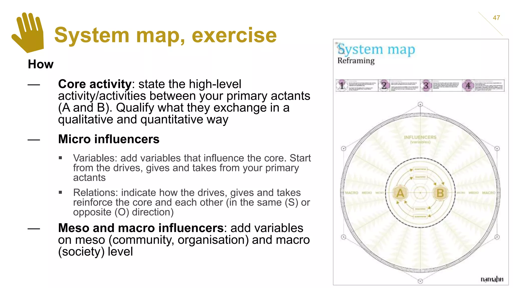 System map, exercise
47
How
— Core activity: state the high-level
activity/activities between your primary actants
(A and B). Qualify what they exchange in a
qualitative and quantitative way
— Micro influencers
 Variables: add variables that influence the core. Start
from the drives, gives and takes from your primary
actants
 Relations: indicate how the drives, gives and takes
reinforce the core and each other (in the same (S) or
opposite (O) direction)
— Meso and macro influencers: add variables
on meso (community, organisation) and macro
(society) level
 