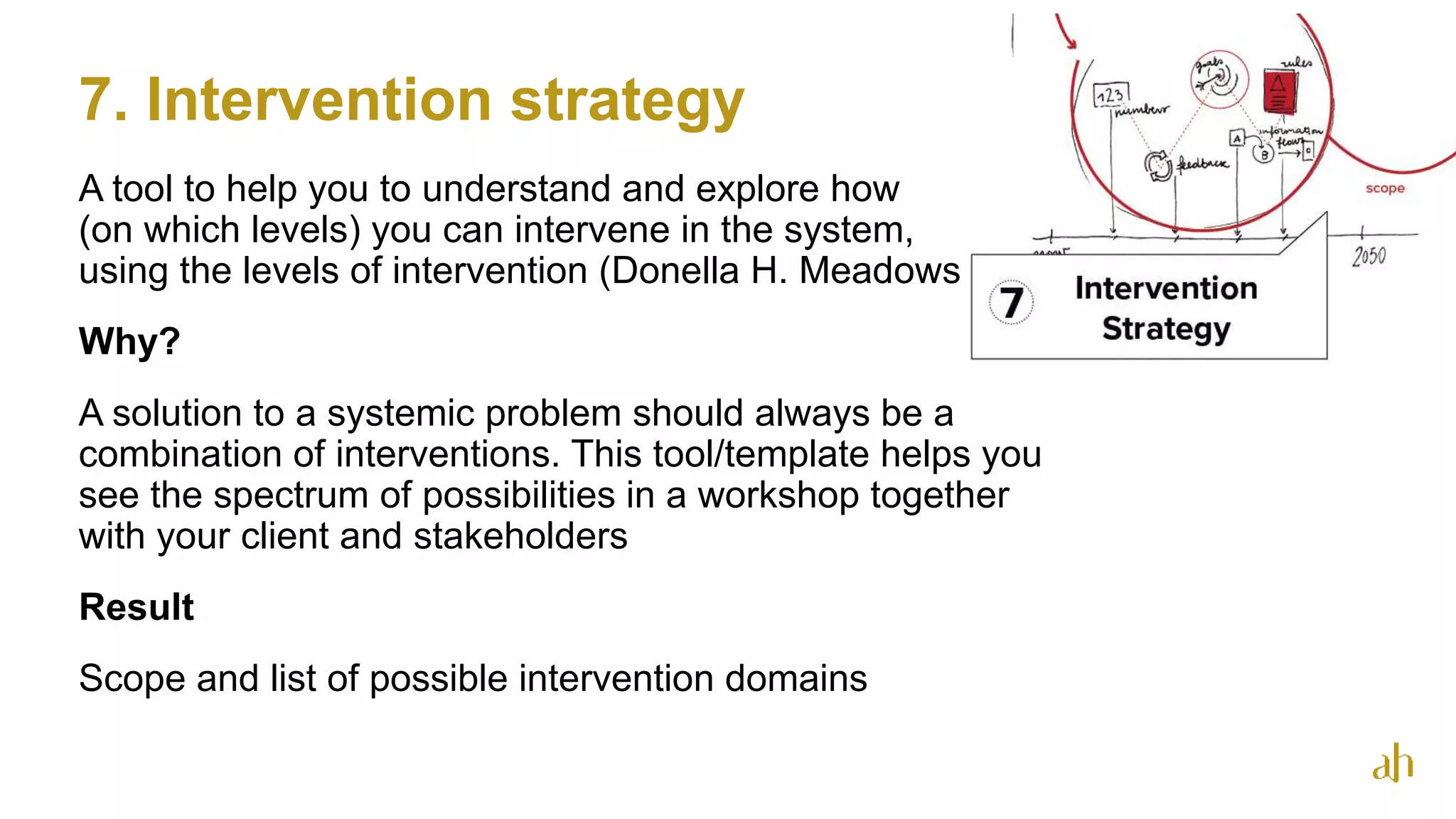 7. Intervention strategy
49
A tool to help you to understand and explore how
(on which levels) you can intervene in the system,
using the levels of intervention (Donella H. Meadows)
Why?
A solution to a systemic problem should always be a
combination of interventions. This tool/template helps you
see the spectrum of possibilities in a workshop together
with your client and stakeholders
Result
Scope and list of possible intervention domains
 