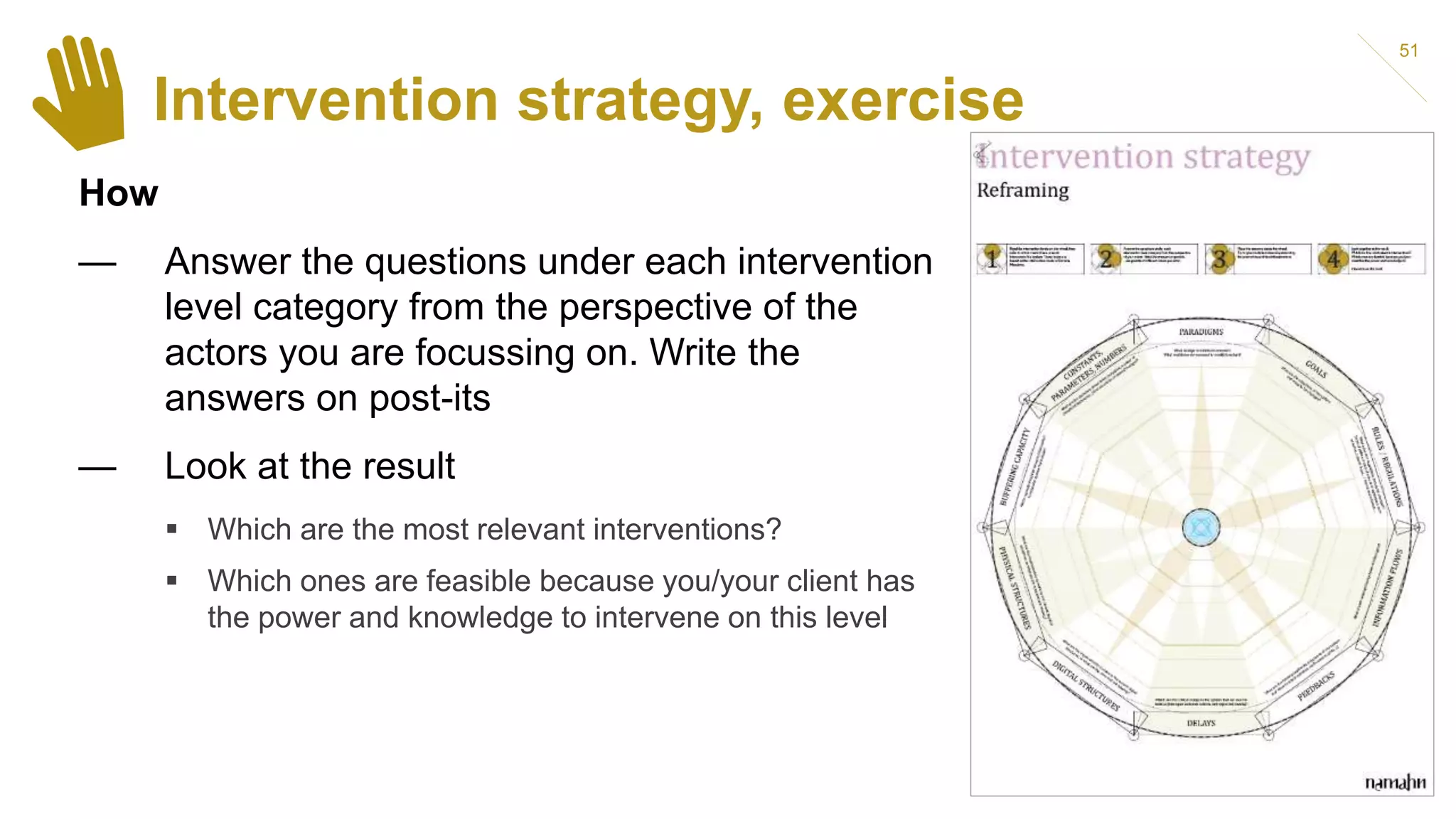 Intervention strategy, exercise
How
— Answer the questions under each intervention
level category from the perspective of the
actors you are focussing on. Write the
answers on post-its
— Look at the result
 Which are the most relevant interventions?
 Which ones are feasible because you/your client has
the power and knowledge to intervene on this level
51
 