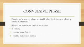 CONVULSIVE PHASE
• Duration of seizures is related to blood level of LA & inversely related to
arterial pCO2 levels.
• Seizures last less than or equal to one minute.
• In seizure,
1) cerebral blood flow &
2) cerebral metabolism increase
 