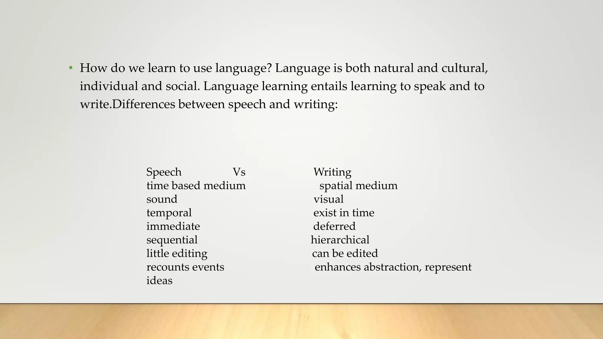• How do we learn to use language? Language is both natural and cultural,
individual and social. Language learning entails learning to speak and to
write.Differences between speech and writing:
Speech Vs Writing
time based medium spatial medium
sound visual
temporal exist in time
immediate deferred
sequential hierarchical
little editing can be edited
recounts events enhances abstraction, represent
ideas
 