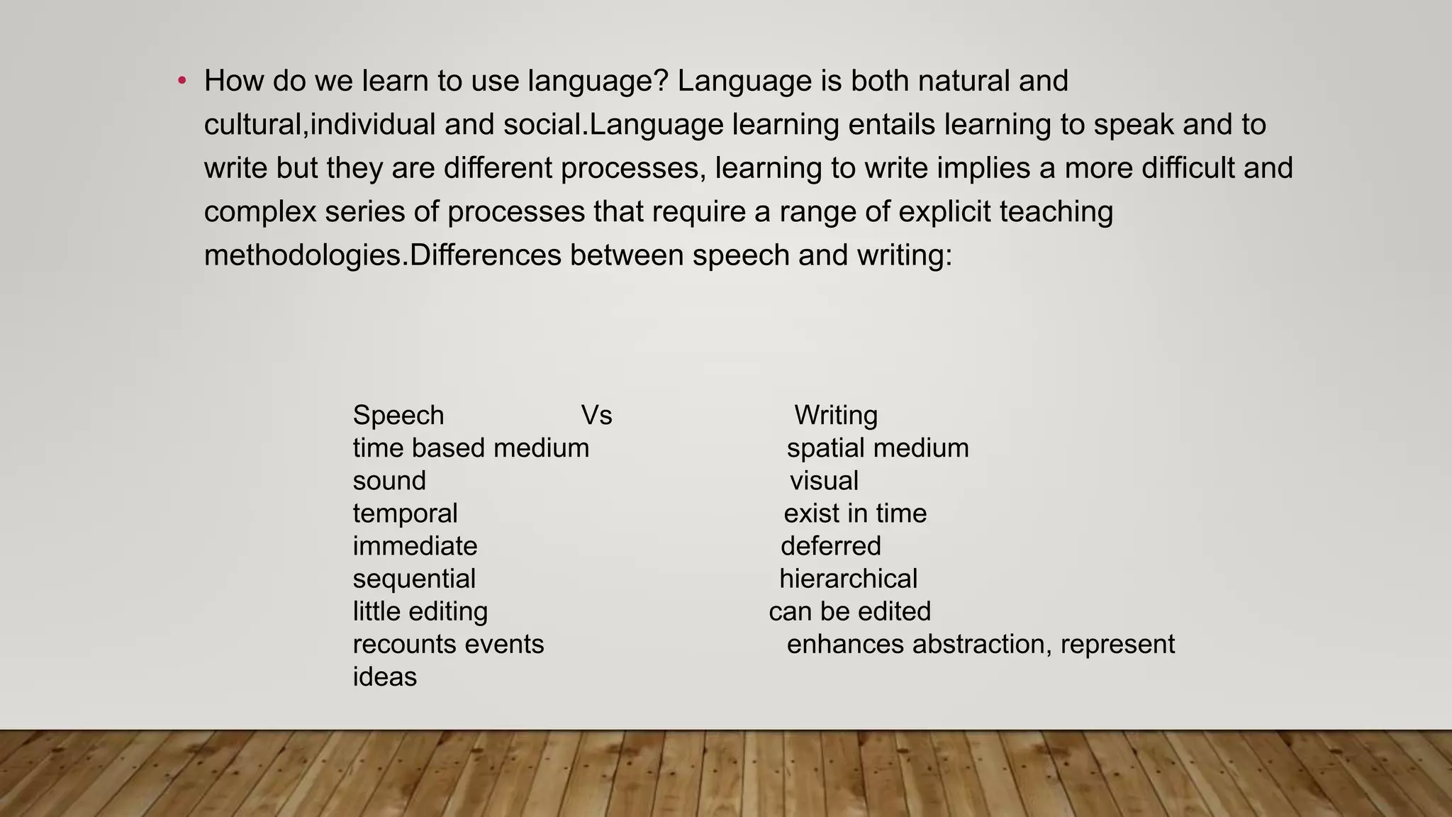 • How do we learn to use language? Language is both natural and
cultural,individual and social.Language learning entails learning to speak and to
write but they are different processes, learning to write implies a more difficult and
complex series of processes that require a range of explicit teaching
methodologies.Differences between speech and writing:
Speech Vs Writing
time based medium spatial medium
sound visual
temporal exist in time
immediate deferred
sequential hierarchical
little editing can be edited
recounts events enhances abstraction, represent
ideas
 