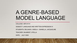 A GENRE-BASED
MODEL LANGUAGE
COLLEGE: ISFD N°41
SUBJECT: LANGUAGE AND WRITTEN EXPRESSION IV
STUDENTS: DELGADO, GISELA – GIANELLA, JACQUELINE
TEACHER: SAUBIDET, STELLA
DATE: , JULY 2020
 
