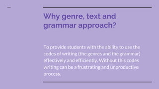 Why genre, text and
grammar approach?
To provide students with the ability to use the
codes of writing (the genres and the grammar)
effectively and efficiently. Without this codes
writing can be a frustrating and unproductive
process.
 