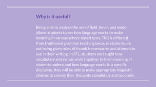 Being able to analyse the use of field, tenor, and mode
allows students to see how language works to make
meaning in various school-based texts. This is different
from traditional grammar teaching because students are
not being given rules of thumb to memorize and attempt to
use in their writing. In SFL, students are taught how
vocabulary and syntax work together to form meaning. If
students understand how language works in a specific
discipline, they will be able to make appropriate linguistic
choices to convey their thoughts completely and concisely.
Why is it useful?
 