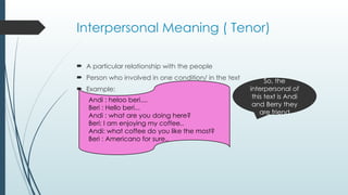 Interpersonal Meaning ( Tenor)
 A particular relationship with the people
 Person who involved in one condition/ in the text
 Example:
Andi : heloo beri....
Beri : Hello beri...
Andi : what are you doing here?
Beri: I am enjoying my coffee..
Andi: what coffee do you like the most?
Beri : Americano for sure..
So, the
interpersonal of
this text is Andi
and Berry they
are friend
 