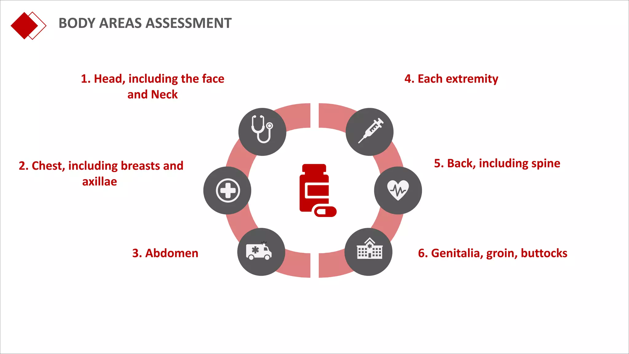 BODY AREAS ASSESSMENT
1. Head, including the face
and Neck
2. Chest, including breasts and
axillae
3. Abdomen
4. Each extremity
6. Genitalia, groin, buttocks
5. Back, including spine
 