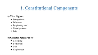 a) Vital Signs -
§ Temperature
§ Pulse rate
§ Respiratory rate
§ Blood pressure
§ Pain
b) General Appearance-
§ Grooming
§ Body built
§ Gait
§ Hygiene ect.
 