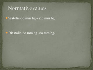 Systolic-90 mm hg – 120 mm hg.
Diastolic-60 mm hg -80 mm hg.
 