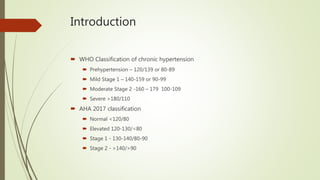 Introduction
 WHO Classification of chronic hypertension
 Prehypertension – 120/139 or 80-89
 Mild Stage 1 – 140-159 or 90-99
 Moderate Stage 2 -160 – 179 100-109
 Severe >180/110
 AHA 2017 classification
 Normal <120/80
 Elevated 120-130/<80
 Stage 1 - 130-140/80-90
 Stage 2 - >140/>90
 
