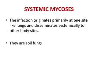 SYSTEMIC MYCOSES
• The infection originates primarily at one site
like lungs and disseminates systemically to
other body sites.
• They are soil fungi
 