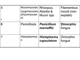 • .
•
5 Mucormycosis
(zygomycoses,
phycomycose
s)
Rhizopus,
Absidia &
Mucor spp
Filamentous
mould (non
septate)
6 Penicillosis Penicillium
marneffei
Dimorphic
fungus
7 Histoplasmosi
s
Histoplasma
capsulatum
Dimorphic
fungus
 