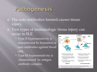  The auto antibodies formed causes tissue
injury.
 Two types of immunologic tissue injury can
occur in SLE
 Type II hypersensitivity is
characterized by formation of
auto antibodies against blood
cells
 Type III hypersensitivity is
characterized by antigen
antibody complex
 