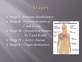  Stage I – Immune insufficiency
 Stage II – Hyperactivation of
T and B cells
 Stage III – Invasion of tissues
by T and B cells
 Stage IV – Active disease
 Stage V – Organ destruction
 