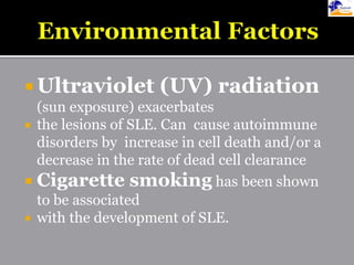  Ultraviolet (UV) radiation
(sun exposure) exacerbates
 the lesions of SLE. Can cause autoimmune
disorders by increase in cell death and/or a
decrease in the rate of dead cell clearance
 Cigarette smoking has been shown
to be associated
 with the development of SLE.
 