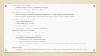 • Renal disorder (one of the following):
• Persistent proteinuria >0.5 g/day or >3+ if quantification not performed
• Cellular casts: may be red cell, haemoglobin, granular, tubular, or mixed.
• Neurological disorder (one of the following):
• Seizures: in the absence of offending drugs or known metabolic derangements (e.g., uraemia, ketoacidosis, or electrolyte imbalance)
• Psychosis: in the absence of offending drugs or known metabolic derangements (e.g., uraemia, ketoacidosis, or electrolyte imbalance).
• Haematological disorder (one of the following):
• Haemolytic anaemia: with reticulocytes
• Leukopenia: <4000/mm³ on ≥2 occasions
• Lymphopenia: <1500/mm³ on ≥2 occasions
• Thrombocytopenia: <100,000/mm³ in the absence of offending drugs.
• Immunological disorder (one of the following):
• Anti-DNA: presence of antibody to native DNA in abnormal titre
• Anti-Smith: presence of antibody to Smith nuclear antigen
• Positive findings of antiphospholipid antibodies based on:
• An abnormal serum level of IgG or IgM anticardiolipin antibodies
• Positive test result for lupus anticoagulant using a standard method
• A false-positive serological test for syphilis known to be positive for at least 6 months and confirmed by Treponema pallidum immobilisation or fluorescent treponemal
antibody absorption test.
• Antinuclear antibody
• An abnormal titre of antinuclear antibody by immunofluorescence or an equivalent assay at any point in time and in the absence of drugs known to be associated
with drug-induced lupus syndrome.
 