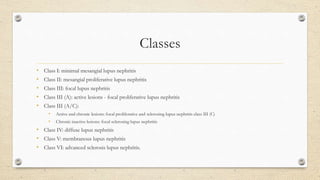 Classes
• Class I: minimal mesangial lupus nephritis
• Class II: mesangial proliferative lupus nephritis
• Class III: focal lupus nephritis
• Class III (A): active lesions - focal proliferative lupus nephritis
• Class III (A/C):
• Active and chronic lesions: focal proliferative and sclerosing lupus nephritis class III (C)
• Chronic inactive lesions: focal sclerosing lupus nephritis
• Class IV: diffuse lupus nephritis
• Class V: membranous lupus nephritis
• Class VI: advanced sclerosis lupus nephritis.
 