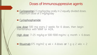 Doses of Immunosuppressive agents
 Cyclosporine:2.5 mg/kg/day orally in 2 equally divided doses.
maximum dose of 5 mg/kg/day
 Cyclophosphamide:
Low dose: 500 mg every 2 weeks for 6 doses, then begin
maintenance with MMF or AZA.
High dose: 7–25 mg/kg or 500-1000 mg/m2 q month × 6 doses
 Rituximab:375 mg/m2 q wk × 4 doses or 1 g q 2 wks × 2
 