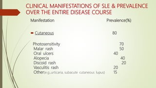 CLINICAL MANIFESTATIONS OF SLE & PREVALENCE
OVER THE ENTIRE DISEASE COURSE
Manifestation Prevalence(%)
 Cutaneous 80
Photosensitivity 70
Malar rash 50
Oral ulcers 40
Alopecia 40
Discoid rash 20
Vasculitis rash 20
Other(e.g.,urticaria, subacute cutaneous lupus) 15
 