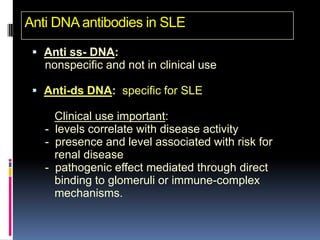 Anti DNA antibodies in SLE

  Anti ss- DNA:
   nonspecific and not in clinical use

  Anti-ds DNA: specific for SLE

     Clinical use important:
   - levels correlate with disease activity
   - presence and level associated with risk for
     renal disease
   - pathogenic effect mediated through direct
     binding to glomeruli or immune-complex
     mechanisms.
 