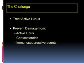 The Challenge


  Treat Active Lupus


  Prevent Damage from:
    - Active lupus
    - Corticosteroids
    - Immunosuppressive agents
 