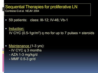 Sequential Therapies for proliferative LN
Contreras G et al. NEJM 2004


 59 patients: class: III-12; IV-46; Vb-1

 Induction:
   IV CYC (0.5-1gr/m2) q mo for up to 7 pulses + steroids


 Maintenance (1-3 yrs):
   - IV CYC q 3 months
   - AZA 1-3 mg/kg/d
   - MMF 0.5-3 gr/d
 