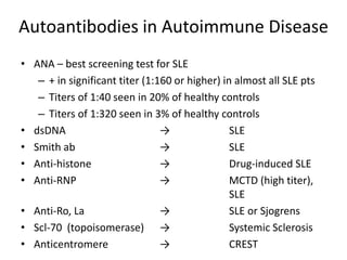 Autoantibodies in Autoimmune Disease
• ANA – best screening test for SLE
– + in significant titer (1:160 or higher) in almost all SLE pts
– Titers of 1:40 seen in 20% of healthy controls
– Titers of 1:320 seen in 3% of healthy controls
• dsDNA → SLE
• Smith ab → SLE
• Anti-histone → Drug-induced SLE
• Anti-RNP → MCTD (high titer),
SLE
• Anti-Ro, La → SLE or Sjogrens
• Scl-70 (topoisomerase) → Systemic Sclerosis
• Anticentromere → CREST
 