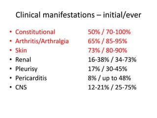 Clinical manifestations – initial/ever
• Constitutional 50% / 70-100%
• Arthritis/Arthralgia 65% / 85-95%
• Skin 73% / 80-90%
• Renal 16-38% / 34-73%
• Pleurisy 17% / 30-45%
• Pericarditis 8% / up to 48%
• CNS 12-21% / 25-75%
 